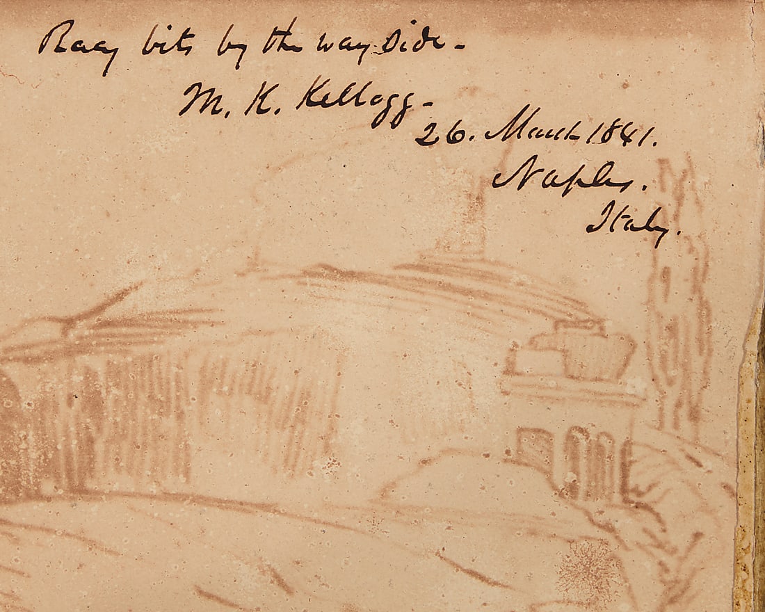 Minor Kilbourne Kellogg (1814-1889), Italian Sketchbook, 1841: Minor Kilbourne Kellogg (1814-1889) Italian Sketchbook, 1841 Pencil and ink on various colored papers bound along one edge Signed, inscribed, and dated in ink on the inside cover: M.K. Kellogg - 26
