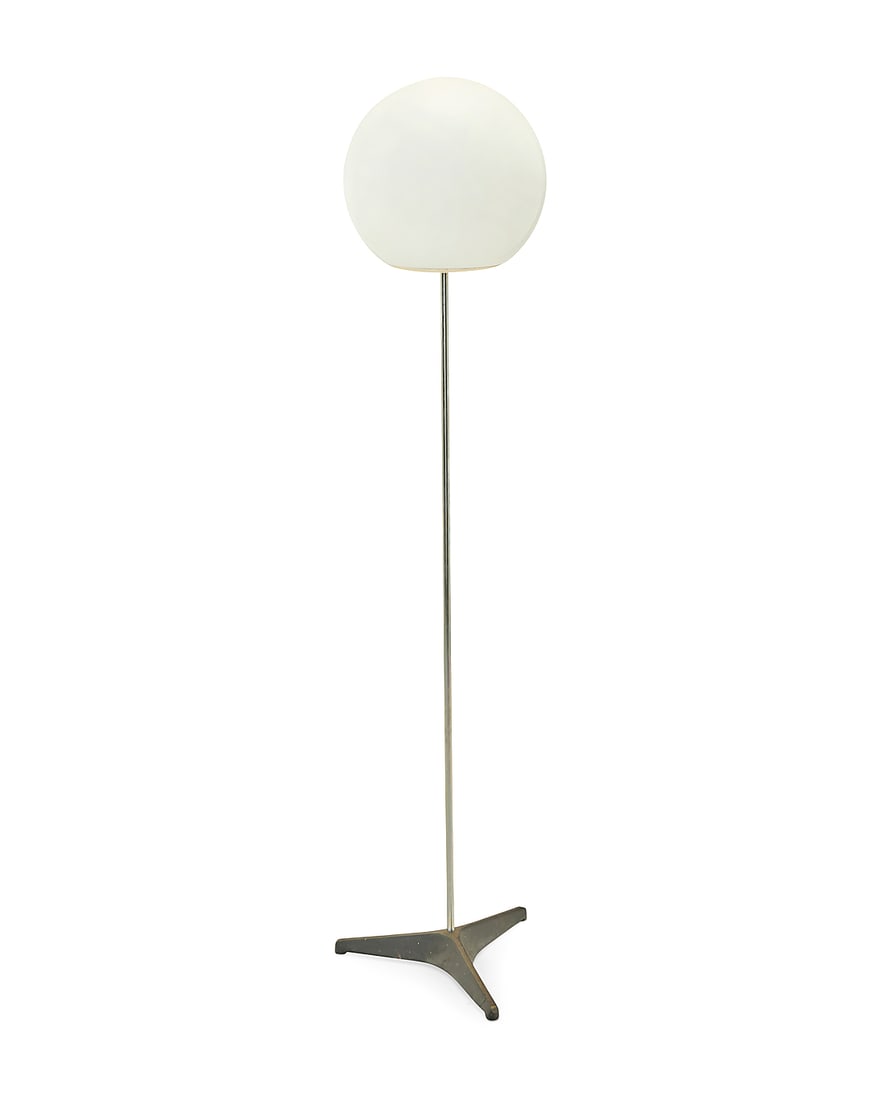 A Modern globe floor lamp: A Modern globe floor lamp Mid-20th century Unmarked With enameled steel and aluminum base issuing a single light with milky glass globe shade Overall: 55.75" H x 14" W x 13" D; Globe shade: 12" Dia.