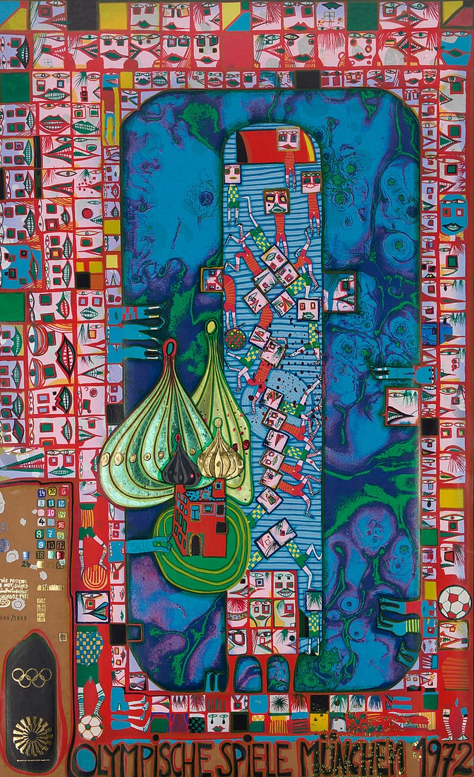 Friedensreich Hundertwasser (1928-2000), "Olympische Spiele München 1972" (Olympic Games Munich: Friedensreich Hundertwasser (1928-2000) "Olympische Spiele München 1972" (Olympic Games Munich poster), 1971 Screenprint in colors with embossed metal foil on paper Edition: 3898/3999 (there was