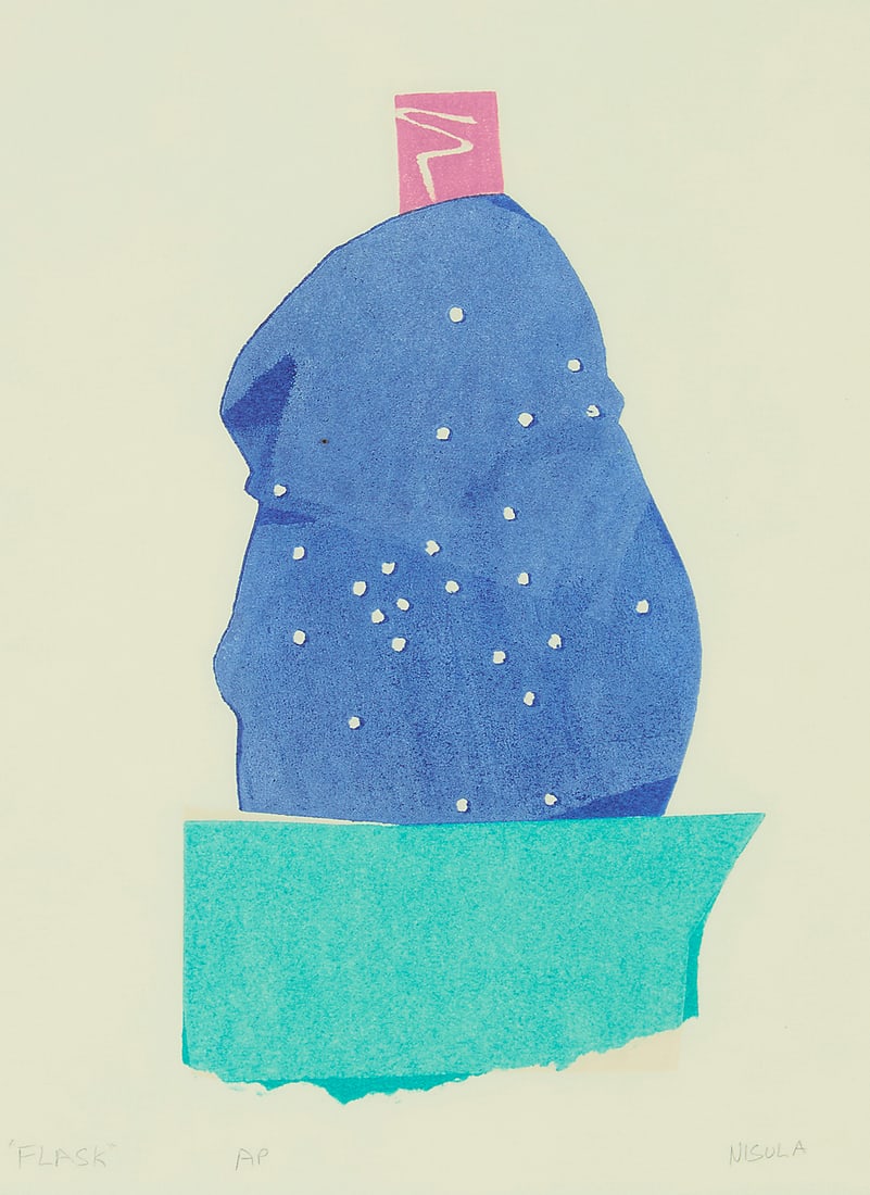 Larry Nisula (b. 1960), "Flask": Larry Nisula (b. 1960) "Flask" Woodcut in colors on paper An artist's proof aside from the edition of unknown size Signed, titled, and inscribed "AP" in pencil in the lower margin: Nisula Image: 12 x 