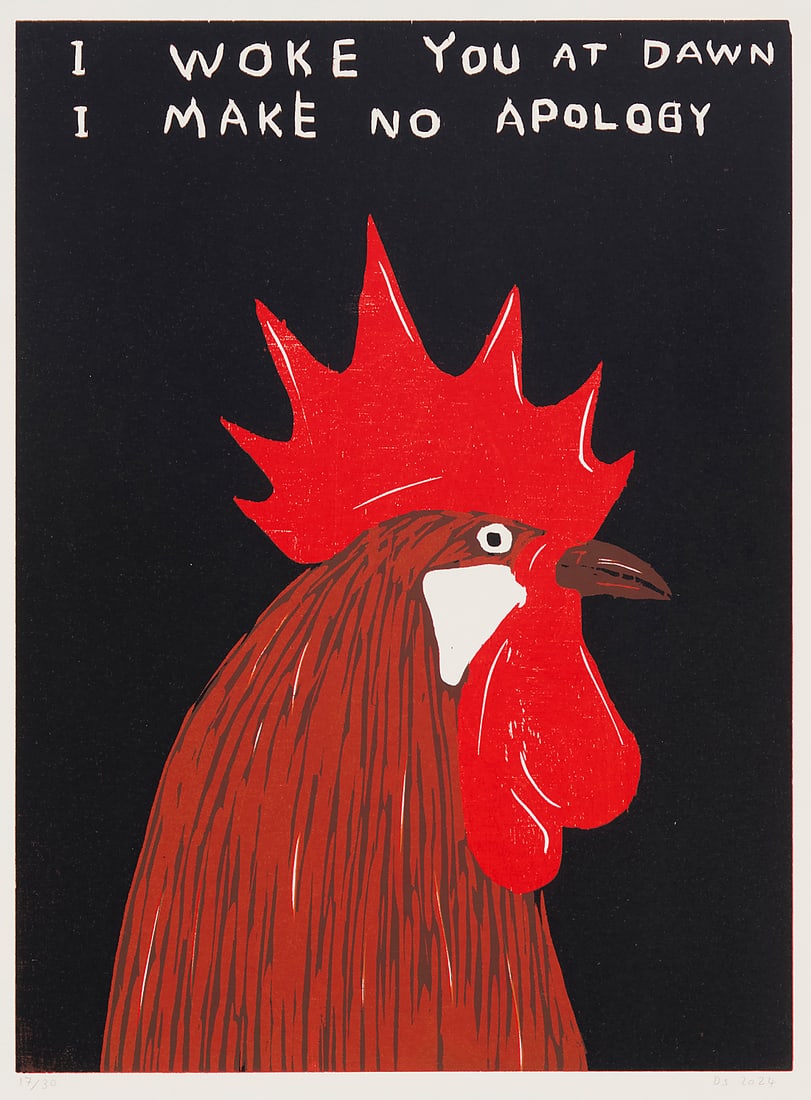 David Shrigley (b. 1968), "I Woke You at Dawn I Make No Apology," 2024: David Shrigley (b. 1968) "I Woke You at Dawn I Make No Apology," 2024 Woodcut in colors on Somerset paper Edition: 17/30 Signed with initials, dated, and numbered in pencil in the lower margin: DS 202