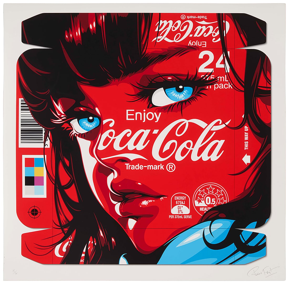 Ben Frost (b. 1975), "Cola Girl," 2024: Ben Frost (b. 1975) "Cola Girl," 2024 Giclee in colors on Moab Entrada paper Edition: 15/75 Signed and numbered in pencil in the lower margin: Ben Frost; Corey Helford, Los Angeles, CA, pub. Image: 20