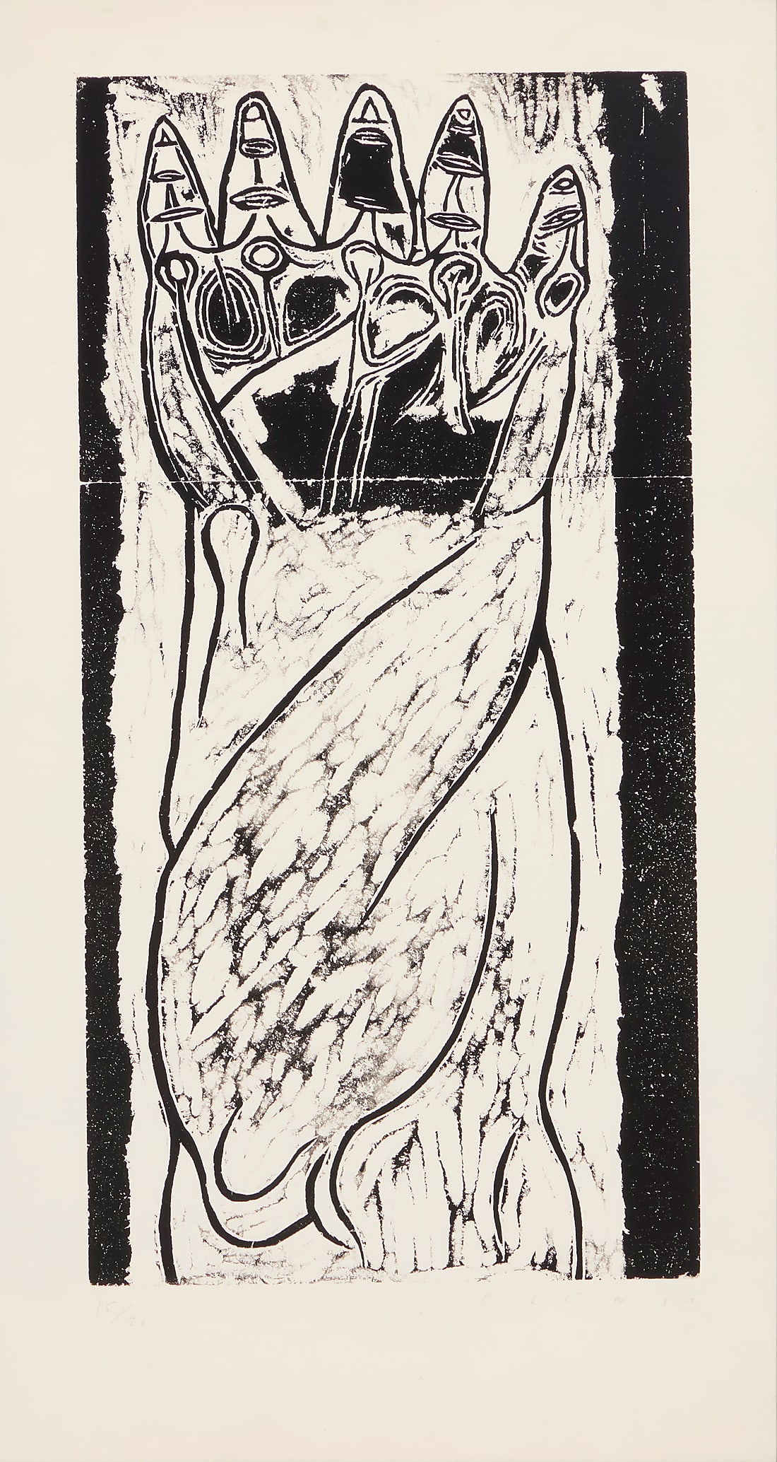 Jaume Plensa (b. 1955), Composition, circa 1985: Jaume Plensa (b. 1955) Composition, circa 1985 Linocut (or possibly woodcut) on paper Edition: 15/20 Signed and numbered in pencil in the lower margin: Plensa Image: 26 x 23 1/4in; Sight: 31 1/2 x 16 