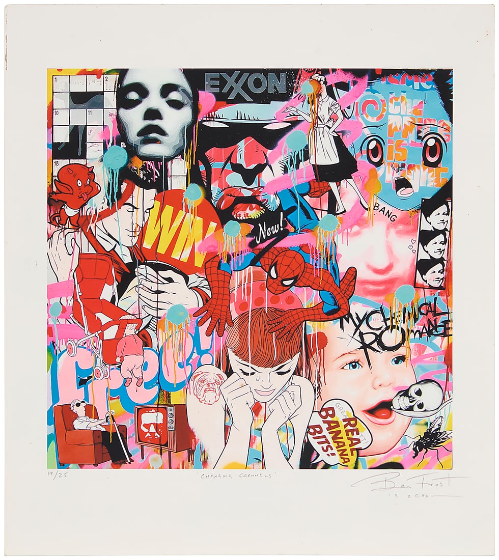 Ben Frost (b. 1975), "Changing Channels," 2008: Ben Frost (b. 1975) "Changing Channels," 2008 Giclee print in colors on wove paper Edition: 19/25 Signed, titled, numbered, and inscribed in pencil in the lower margin: Ben Frost / is dead - ; Stupid 
