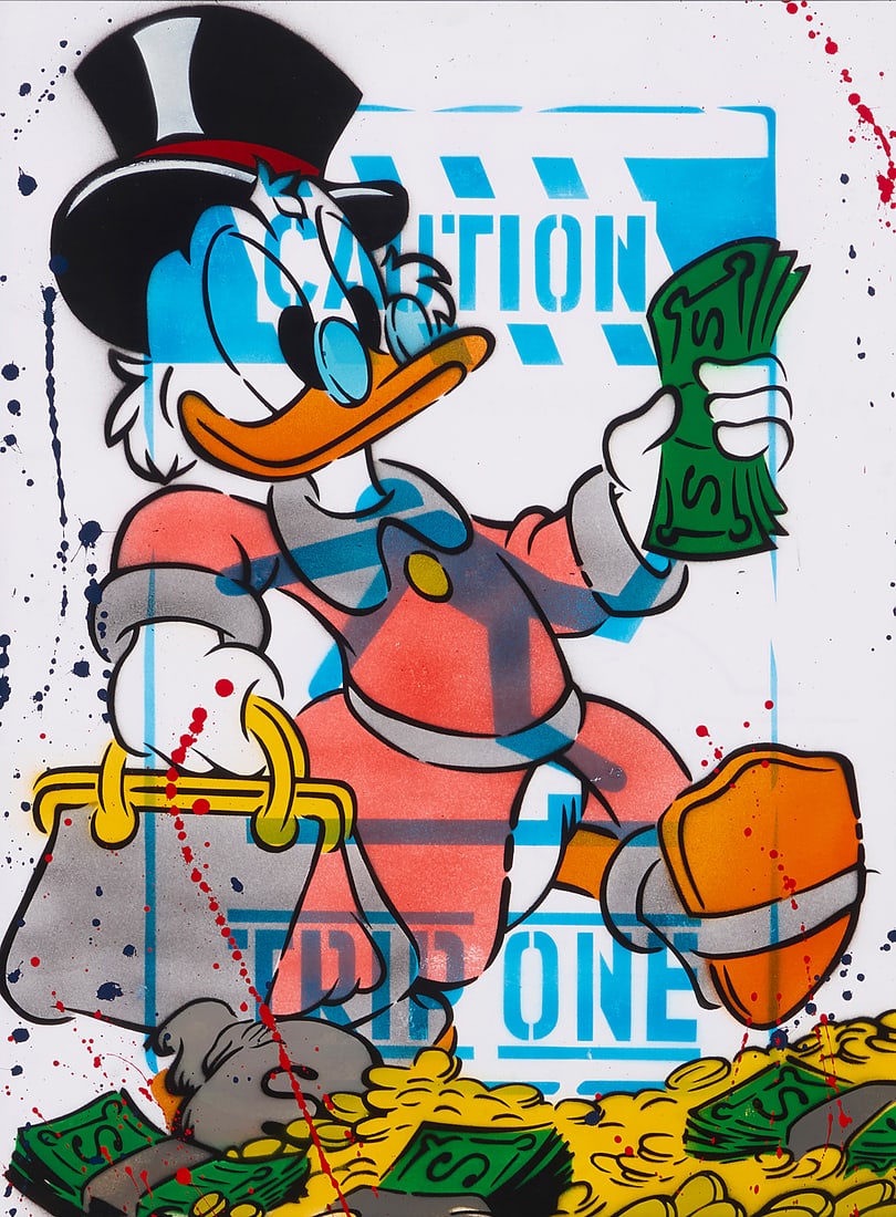 Trip One (21st Century), Caution (Scrooge McDuck): Trip One (21st Century) Caution (Scrooge McDuck) Spray paint and stencil on canvas Appears unsigned Sight: 23 3/4 x 17 3/4in Other notes: Chicago emerging artist Trip One derives his stencil-bas