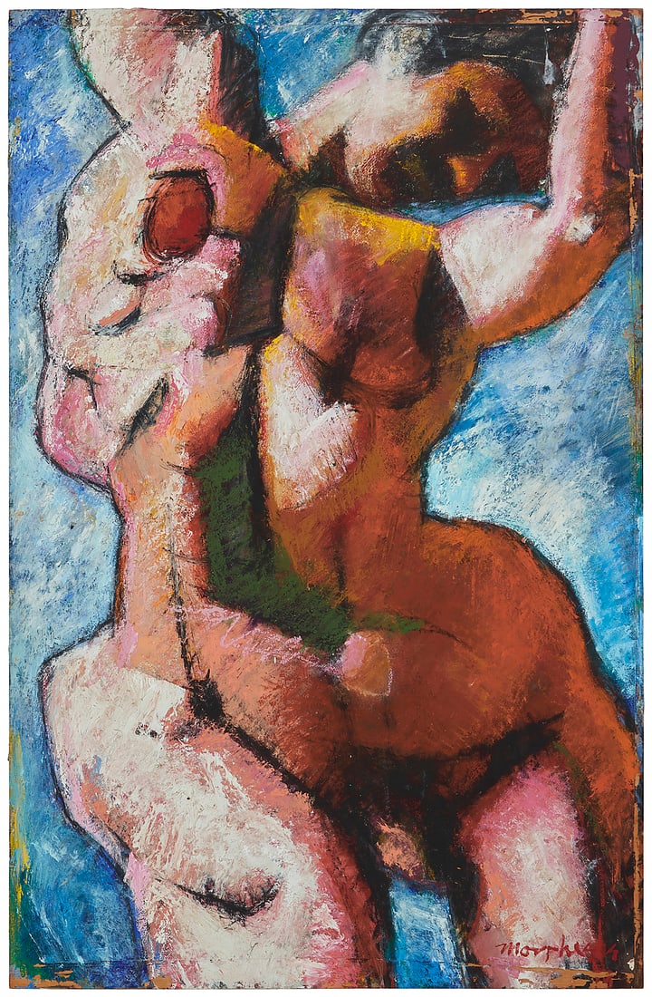 Jim Morphesis (b. 1948), "Falling Mythological Figure": Jim Morphesis (b. 1948) "Falling Mythological Figure" Oil, acrylic, gouache, charcoal, pastel, and collage on wood panel Signed lower right: Morphesis; titled on a partial label affixed verso 46 x 30i