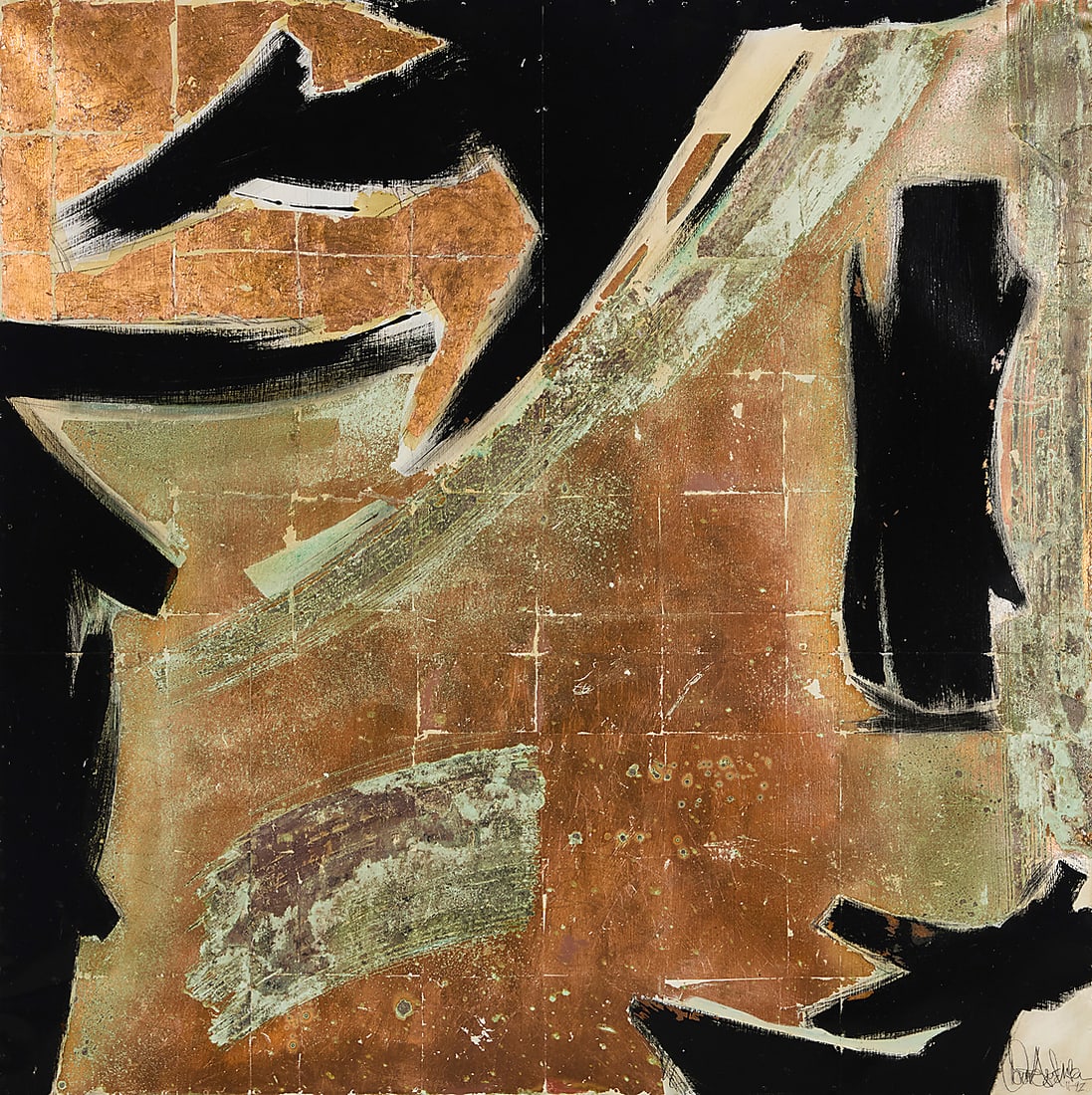 20th Century Contemporary School: 20th Century Contemporary School "Peninsula," 1992 Acrylic and gold leaf on panel nailed to artist's frame signed indistinctly and dated lower right: 11-92; signed indistinctly and dated again, and ti
