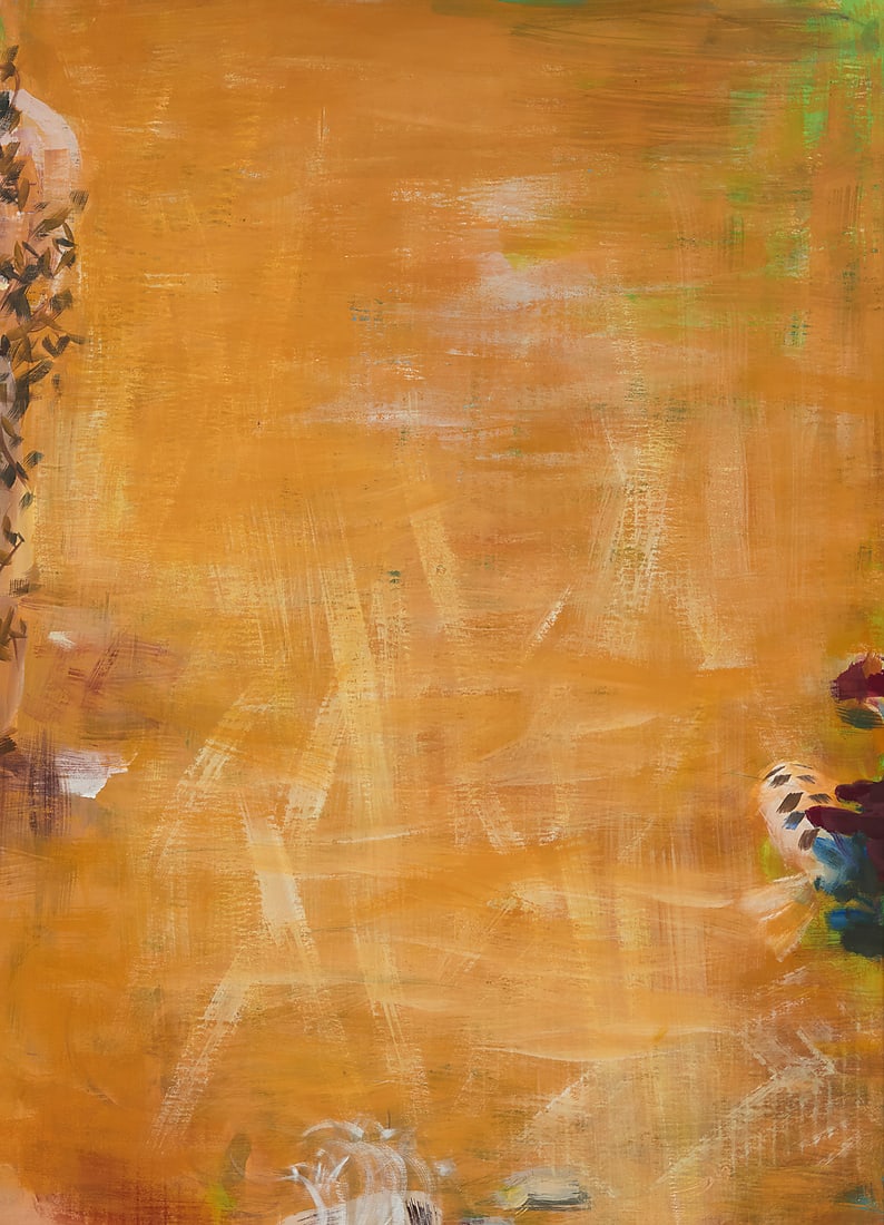 Rick Stich (b. 1949), "Golden Pine Koi #2," 1985: Rick Stich (b. 1949) "Golden Pine Koi #2," 1985 Tempera on cardboard Signed and dated with initials on the frame's backing board: R.S. 85'; titled on an exhibition label affixed to the frame's backing