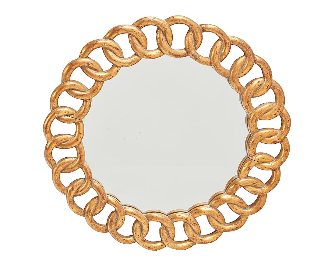 A Modern giltwood mirror: A Modern giltwood mirror Late 20th/early 21st century The circular frame with interlocking ring motif 25.75" Dia. x 1.5" D