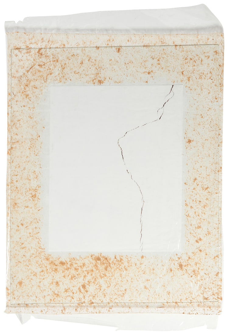 Valerie Snobeck (b. 1980), "Apres," 2010-2013: Valerie Snobeck (b. 1980) "Apres," 2010-2013 Partially erased mirror, peeled print and burlap on plastic, unpeeled plastic, and brackets Appears unsigned; titled by repute 24 3/4 x 17in (approx.) Pro