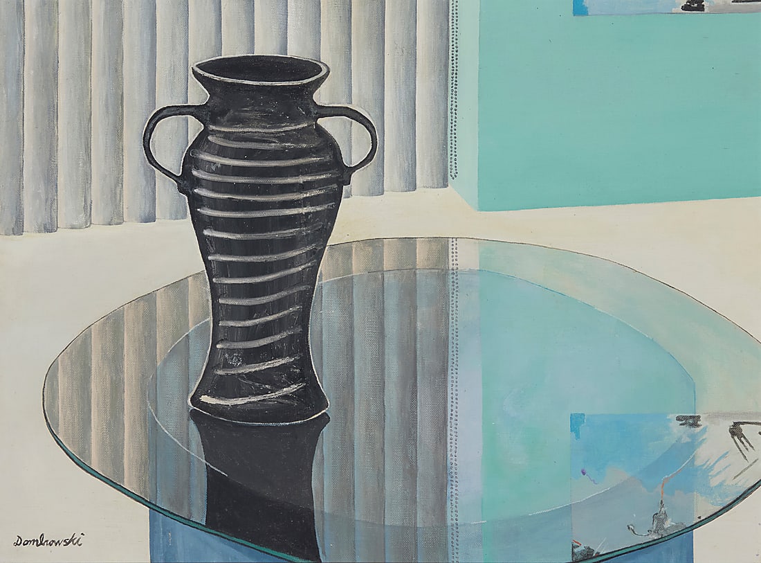 20th Century American Modernist School: 20th Century American Modernist School Modernist still life with a vase and platter Signed lower left: Dombrowski Oil on canvas 18 x 24in