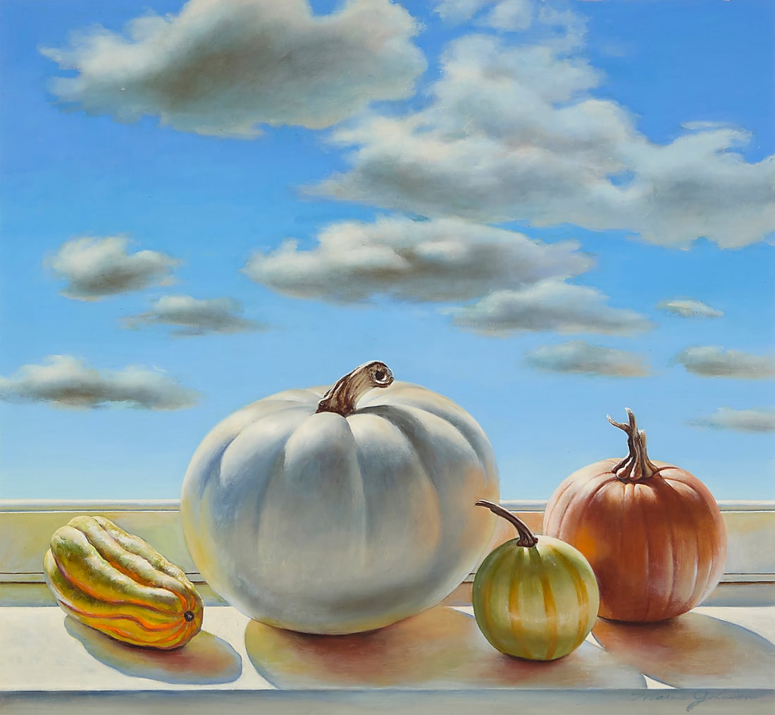 Marnie Johnson (b. 1954), "Halloween Dream," 2001: Marnie Johnson (b. 1954) "Halloween Dream," 2001 Oil on panel Signed lower right: Marnie Johnson; with the artist's name, titled, and dated "2001" in ink, in another hand, on a gallery label affixed t