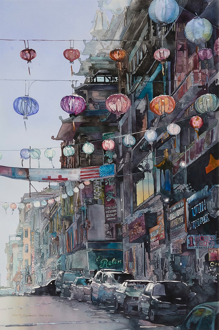 John Salminen (1945-2016), "San Francisco Lanterns": John Salminen (1945-2016) "San Francisco Lanterns" Watercolor on paper Signed lower left: John T. Salminen AWS-DF NWS; signed again and titled in ink on a label affixed to the frame's backing board Si