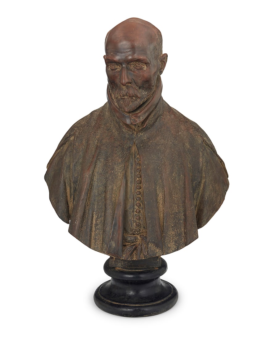 An Italian patinated terracotta bust of Msgr. Pedro de Foix Montoya: An Italian patinated terracotta bust of Msgr. Pedro de Foix Montoya After Gian Lorenzo Bernini (1598-1680), late 19th/early 20th century Impressed verso: 86 / Manifattura di Signa 31.5" H x 22" W x 9"