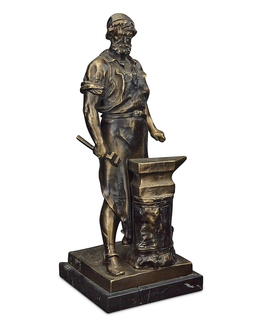 After Wilhelm Albermann (1835-1913), "Der Schmied von Solingen" (The Smith of Solingen), modeled: After Wilhelm Albermann (1835-1913) "Der Schmied von Solingen" (The Smith of Solingen), modeled circa 1910 Patinated bronze on marble plinth Signed in the casting: Albermann Bronze: 19" H x 7.75" W x 