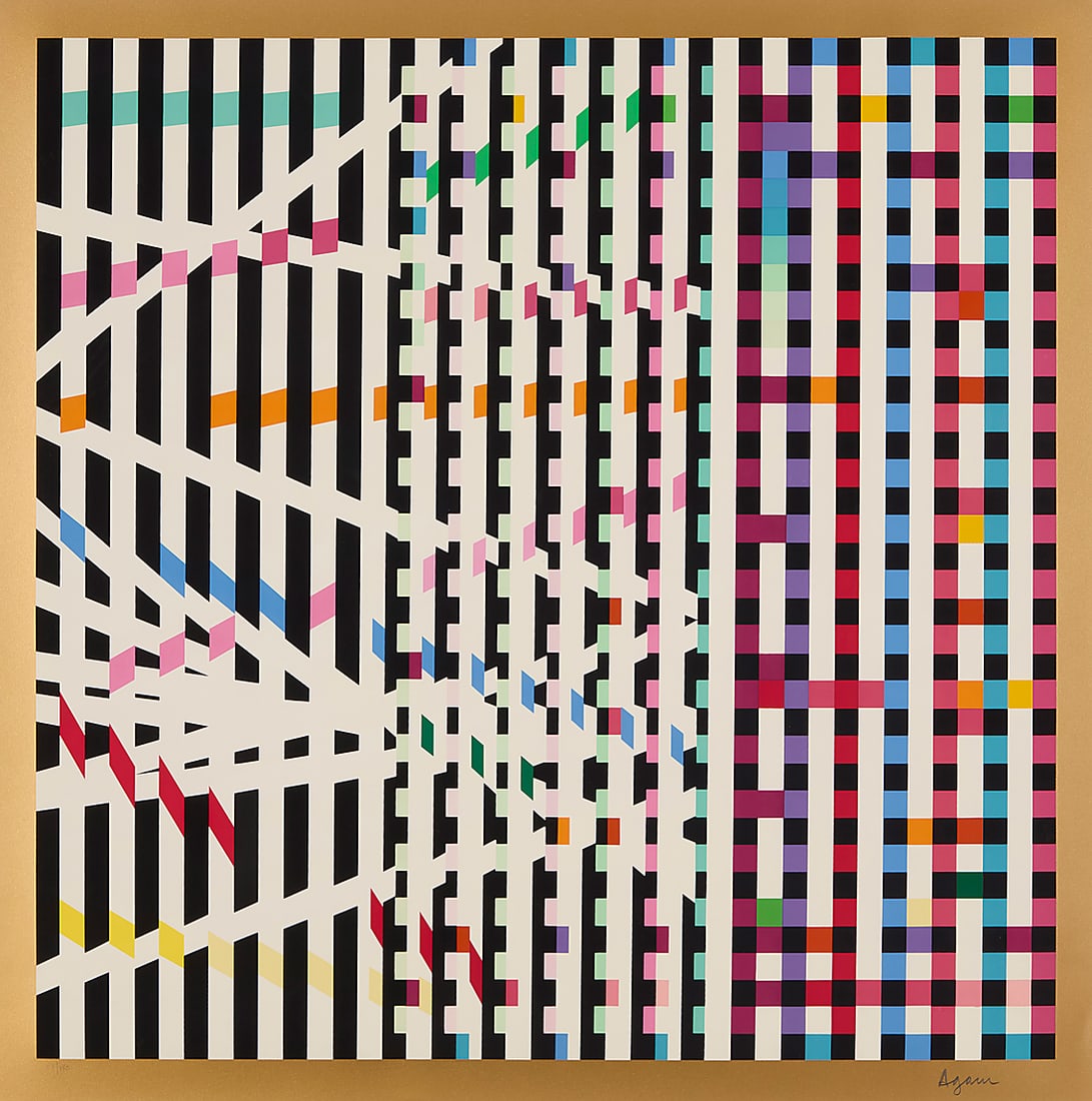 Yaacov Agam (1928-2026), "Multi-Mag Rhythm (Gold)": Yaacov Agam (1928-2026) "Multi-Mag Rhythm (Gold)" Screenprint in colors on paper Edition: 27/180 Signed and numbered in pencil at the lower right and left, respectively: Agam Sight: 26 3/4 x 26 3/4 in