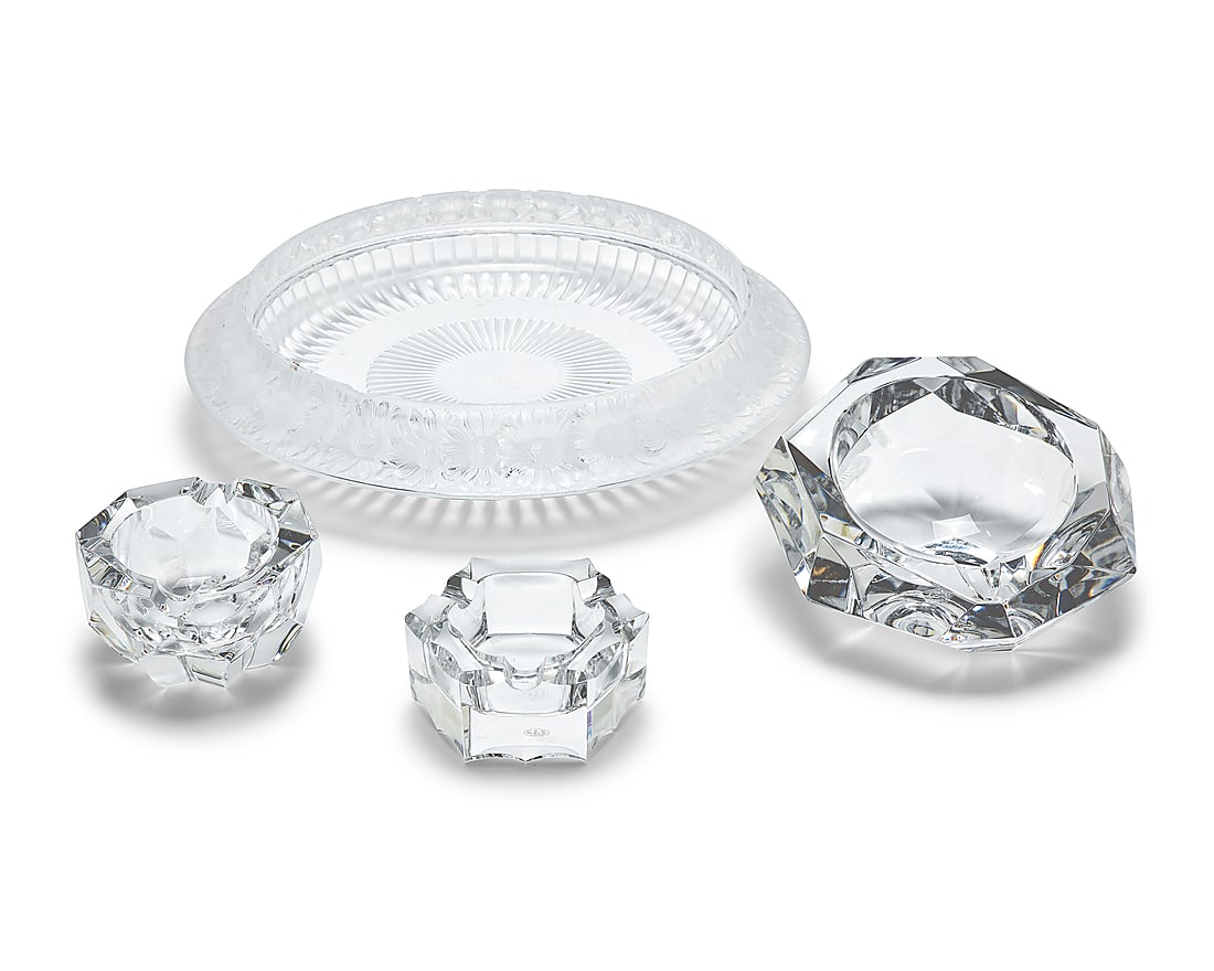 A Lalique glass 'Marguerites' bowl and three Baccarat glass ashtrays (1 of 5)