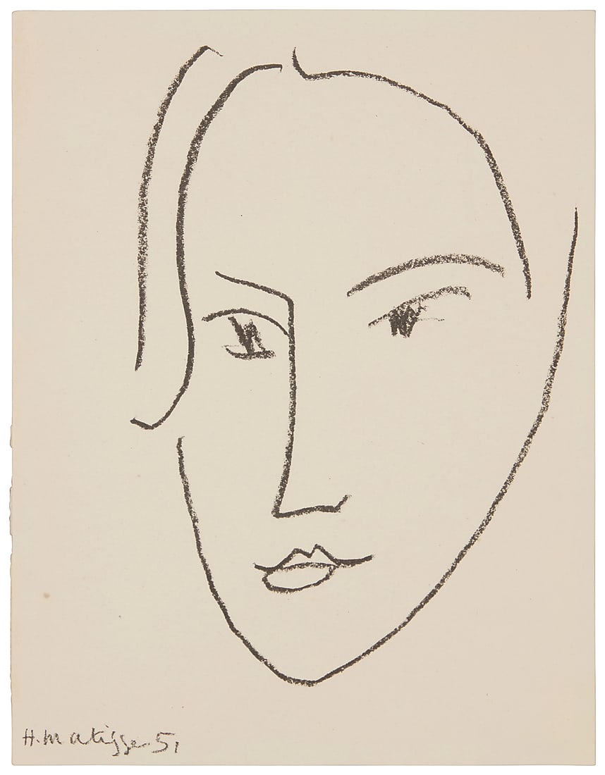 Henri Matisse (1869-1954), Head, one plate from "Matisse: His Art and His Public;" and the numbered: Henri Matisse (1869-1954) Head, one plate from "Matisse: His Art and His Public;" and the numbered colophon page signed by Alfred H. Barr, 1951 Lithograph on paper Edition: 435/495 With the artist's s