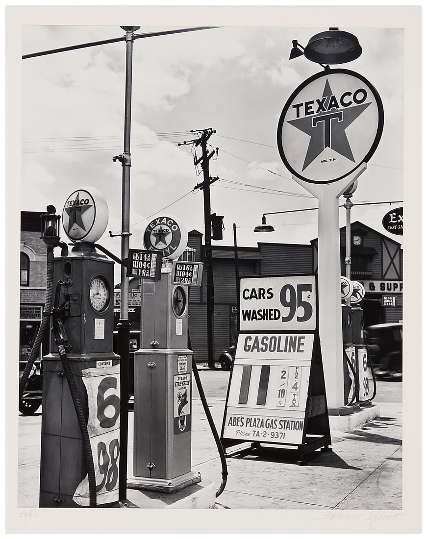 Berenice Abbott (1898-1991), "Gasoline Station, Tremont Avenue and Dock Street, Bronx," circa 1937,: Berenice Abbott (1898-1991) "Gasoline Station, Tremont Avenue and Dock Street, Bronx," circa 1937, from "New York Portfolio III" Gelatin silver print on paper, dry mounted to a mat board support, as i