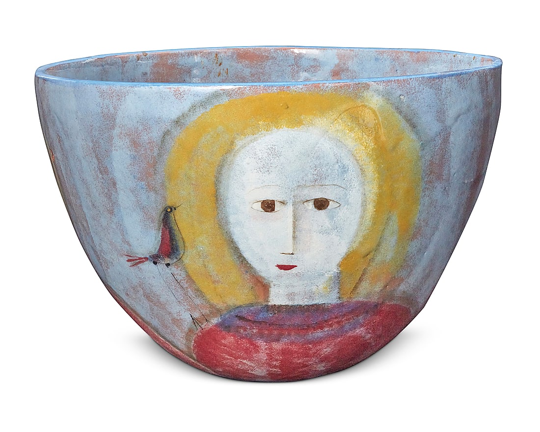 Polia Pillin (1909-1992), A large glazed ceramic bowl, mid-20th century: Polia Pillin (1909-1992) A large glazed ceramic bowl, mid-20th century Signed to underside: Pillin Depicting three women with birds Height 10 3/4 in., diameter 15 5/8 in.