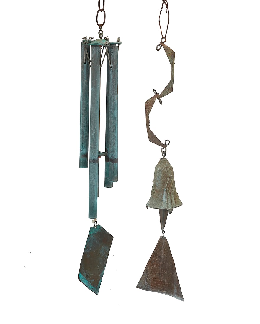 Paolo Soleri (1919-2013) & Walter Lamb (1900-1989), Two bronze wind bells: Paolo Soleri (1919-2013) & Walter Lamb (1900-1989) Two works: Paolo Soleri (1919-2013) A Cosanti wind bell, mid/late 20th century; Paradise Valley, AZ With cast cipher Cast bronze bell, chain, and cla
