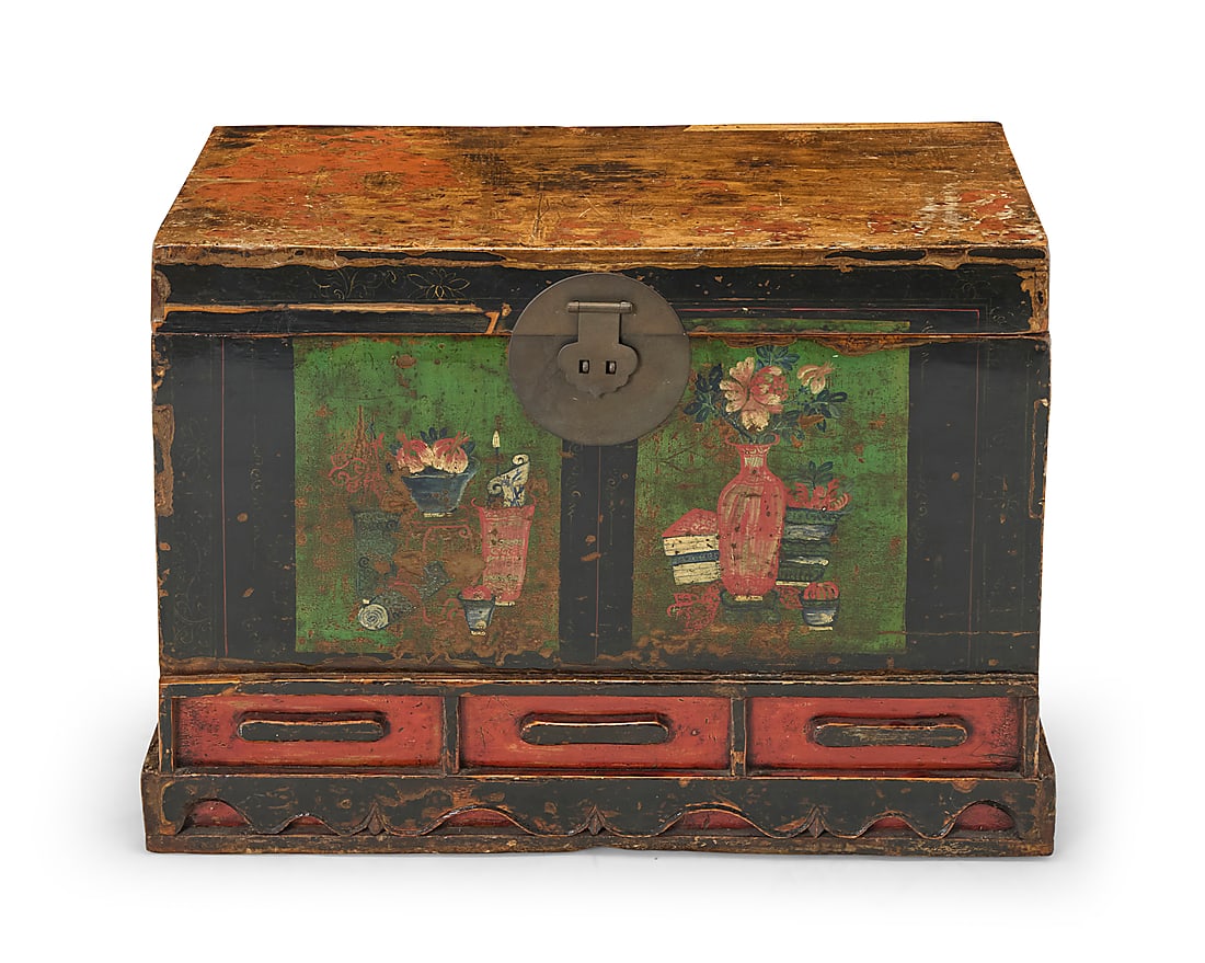 A Chinese Shanxi style lacquered wood trunk: A Chinese Shanxi style lacquered wood trunk Early 20th century The lid with later hinges and latch lock, the front painted with flower vases and objects above three faux drawers Height 24 in., width 3