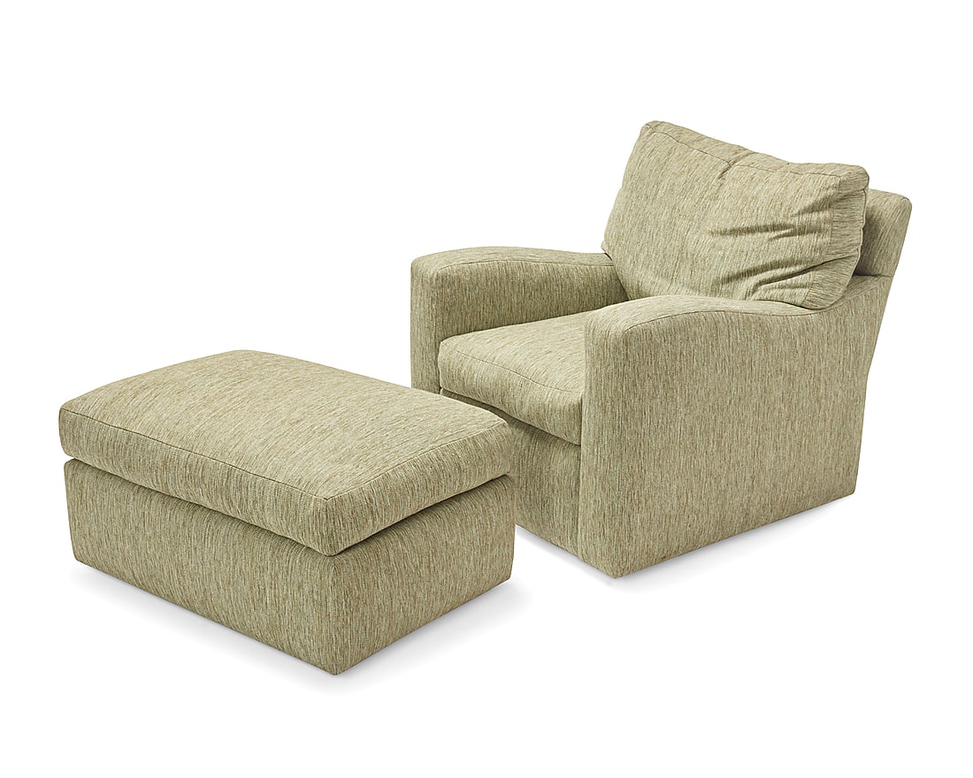 An A. Rudin swivel chair no. 628 and ottoman: An A. Rudin swivel chair no. 628 and ottoman Circa 2020s Each with A. Rudin tag Upholstered in green chenille fabric, with conforming ottoman raised on casters 2 pieces Height of chair 37 in., width
