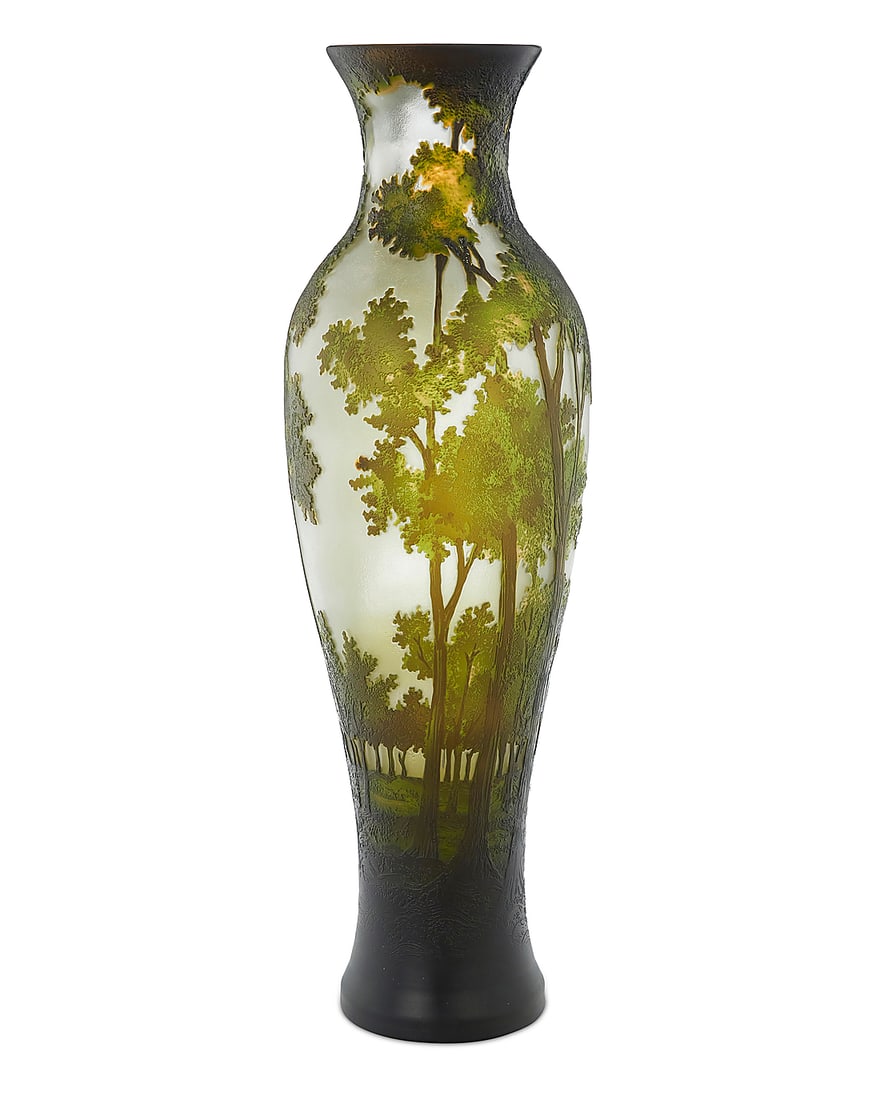 A Galle style cameo glass landscape vase: A Galle style cameo glass landscape vase Late 20th/early 21st century With factory label: TOZAI HOME Green cut to frosted Height 18 1/4 in., diameter 5 in. Provenance: Private collection, Las Vegas,