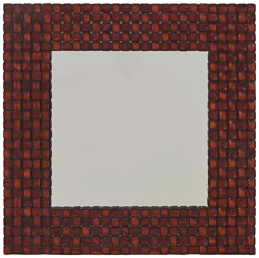 A Contemporary woven leather and wood mirror: A Contemporary woven leather and wood mirror Late 20th/early 21st century Overall height 36 1/4 in., width 37 1/4 in., depth 1 7/8 in.