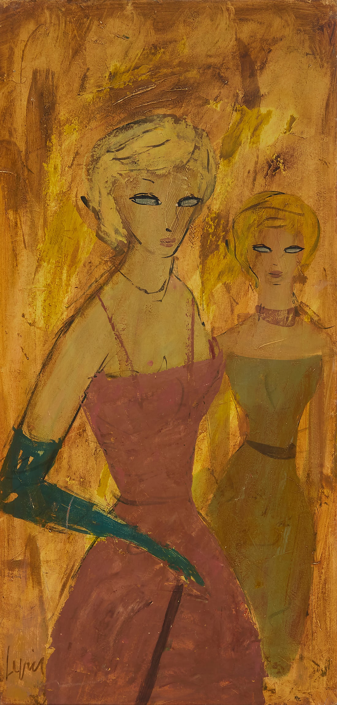 Charles Levier (1920-2003), Two female figures: Charles Levier (1920-2003) Two female figures Oil on board Signed lower left: Levier 30 x 14 7/8 in.