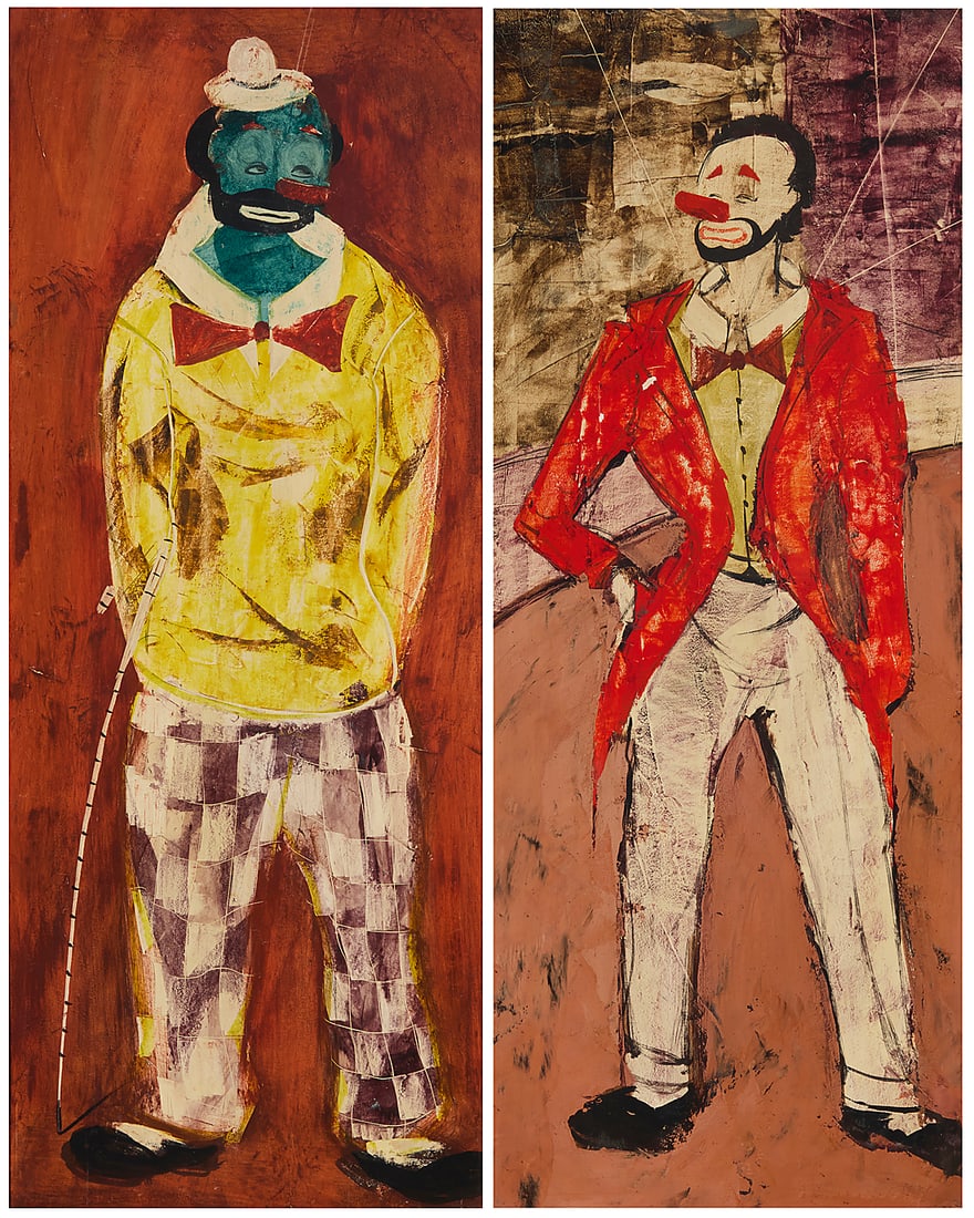 Attributed to Charles Levier (1920-2003), Clown with yellow jacket; and Clown with red jacket: Attributed to Charles Levier (1920-2003) Clown with yellow jacket; and Clown with red jacket Each: Mixed media or oil on illustration board Each: appears unsigned; the one with the red jacket is inscr