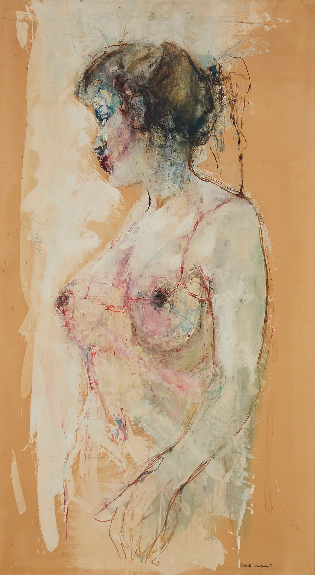Renzo Vespignani (1924-2001), "Prostituta," 1958: Renzo Vespignani (1924-2001) "Prostituta," 1958 Oil on paper mounted to canvas Signed, titled, and dated in ink lower right: Renzo Vespignani '58 39 x 21 1/2 in. Provenance: Rex Evans Gallery, L