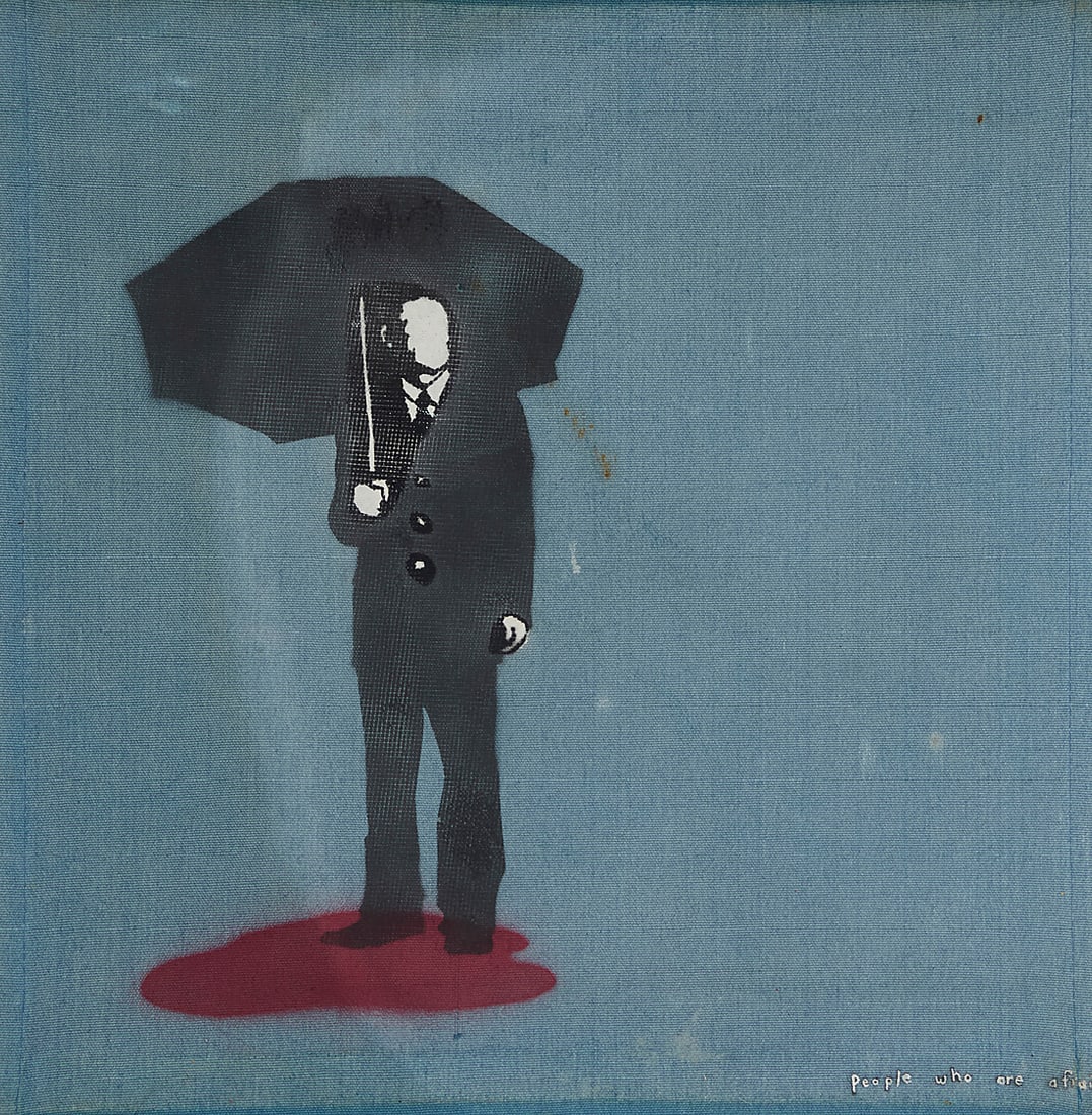 In the manner of Banksy (b. 1975), "People Who Are Afraid": In the manner of Banksy (b. 1975) "People Who Are Afraid" Spraypainted stencil or screenprint on fabric Presumably from an edition of unknown size and date Unsigned; titled lower right Sight: 15 1/2 x