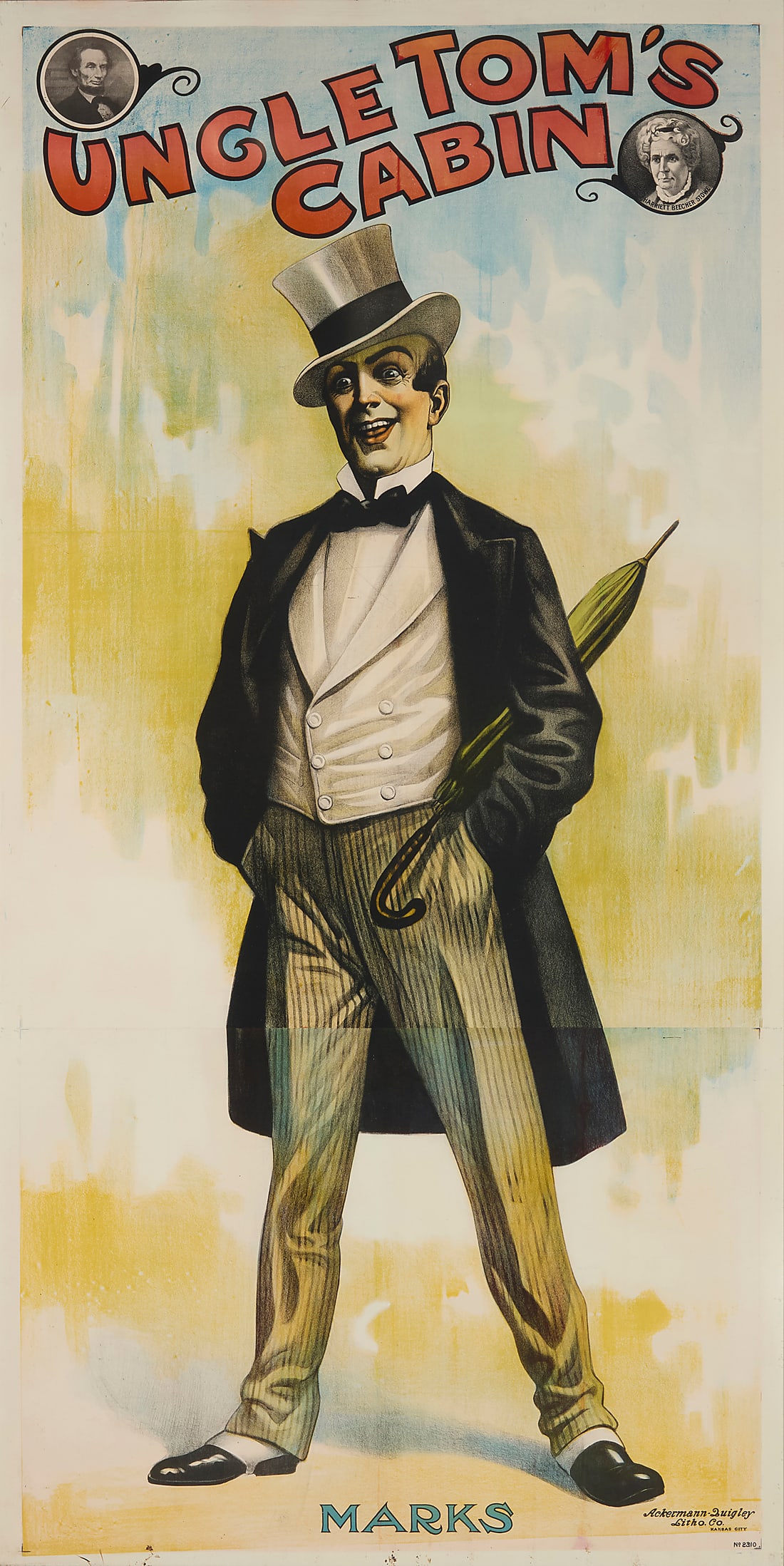 Uncle Tom's Cabin three sheet theatrical poster: Uncle Tom's Cabin three sheet theatrical poster Lithograph in colors on paper From the edition of unknown size and date Marked within the print lower right: Ackermann-Quigley / Litho. Co. / Kansas Cit