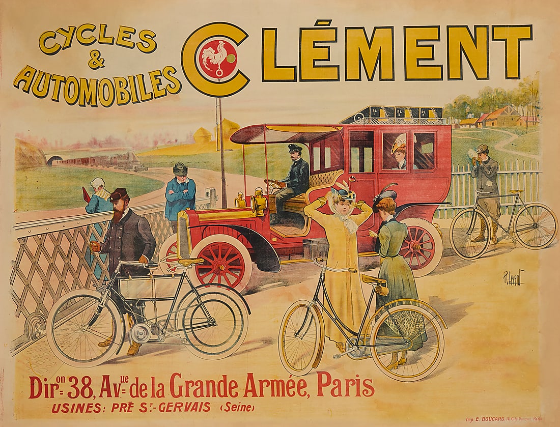 Rene Leverd (1872-1938), "Cycles & Automobiles Clement," circa 1902: Rene Leverd (1872-1938) "Cycles & Automobiles Clement," circa 1902 Lithograph in colors on paper From the edition of unknown size With the signature printed as part of the image, right of center Image
