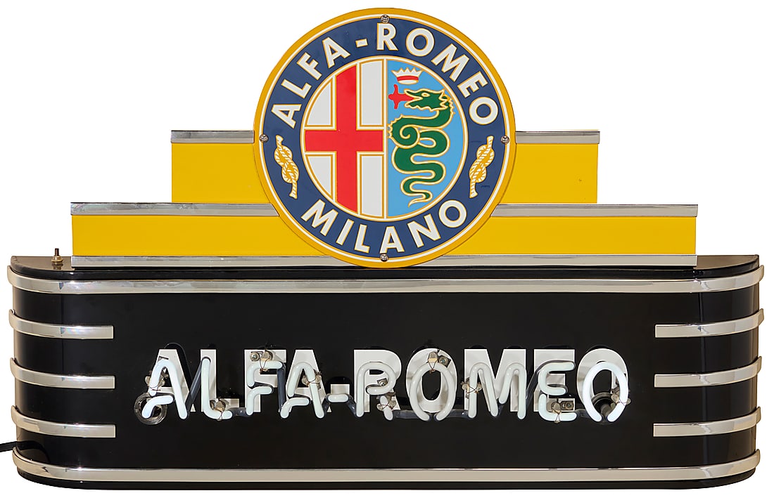A reproduction Alfa-Romeo neon sign: A reproduction Alfa-Romeo neon sign Late 20th century Enameled metal, electrified Height 20 in., width 35 1/2 in., depth 6 3/4 in.