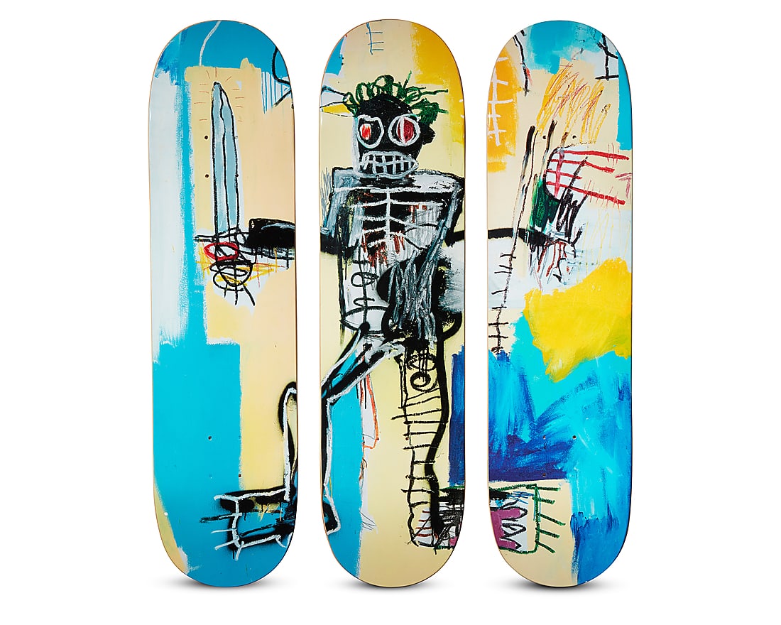 After Jean-Michel Basquiat (1960-1988), A skateboard deck triptych after "Warrior" (1982) by The (1 of 11)