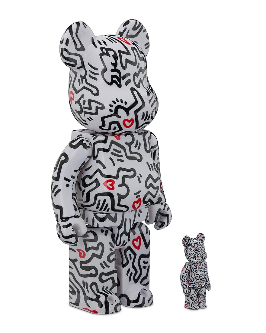 After Keith Haring (1958-1990) x BE@RBRICK, Figure set #8, 2021: After Keith Haring (1958-1990) x BE@RBRICK Figure set #8, 2021 100% & 400% figures Produced by Medicom Toy, Tokyo, in original packaging Box height 12 in., width 8 in., depth 4 7/8 in.; height of