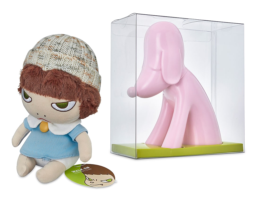 Yoshitomo Nara (b. 1959), Dog Piggy Bank, 2016 & "Walk On" Onnanoko plush doll, 2010: Yoshitomo Nara (b. 1959) Two works: Yoshitomo Nara X Aomori Museum of Art Dog Piggy Bank, 2016 Cast pink vinyl in original box From the edition of unknown size Printed manufacturer's marks to