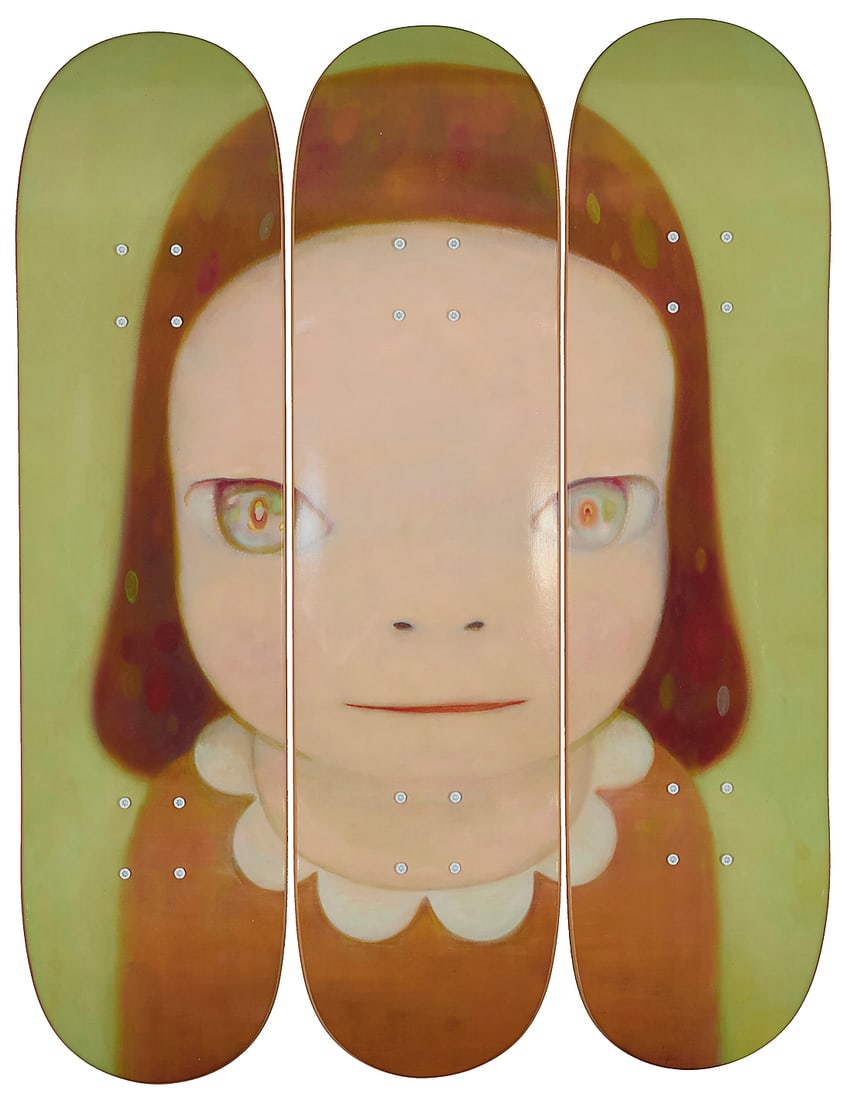 After Yoshitomo Nara (b. 1959): After Yoshitomo Nara (b. 1959) A skateboard deck triptych after "Miss Margaret" (2016) by The Skateroom, 2022 From the open edition originally released 2020 Each with printed signature, title, and
