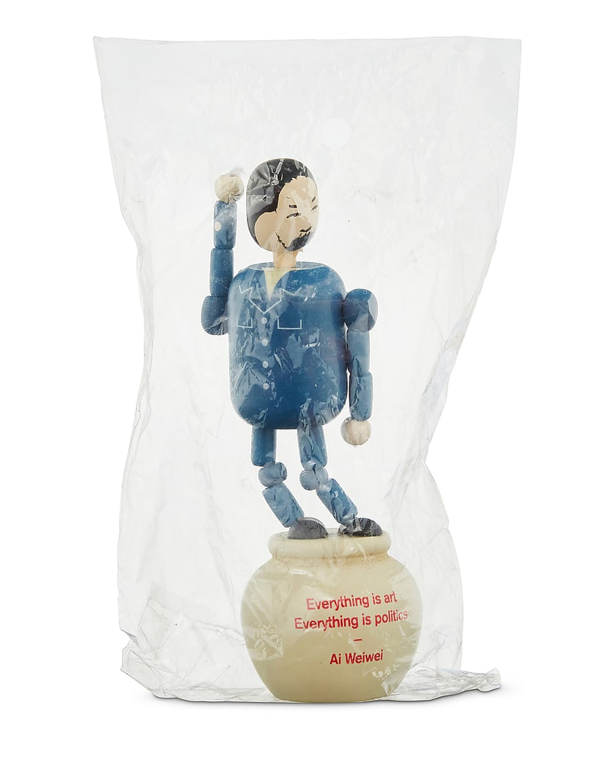 After Ai Weiwei (b. 1957), "Everything is Art, Everything is Politics" figure, 2015: After Ai Weiwei (b. 1957) "Everything is Art, Everything is Politics" figure, 2015 From the edition of unknown size Printed with title and attribution Painted wood, in original packaging Height 5 3/8