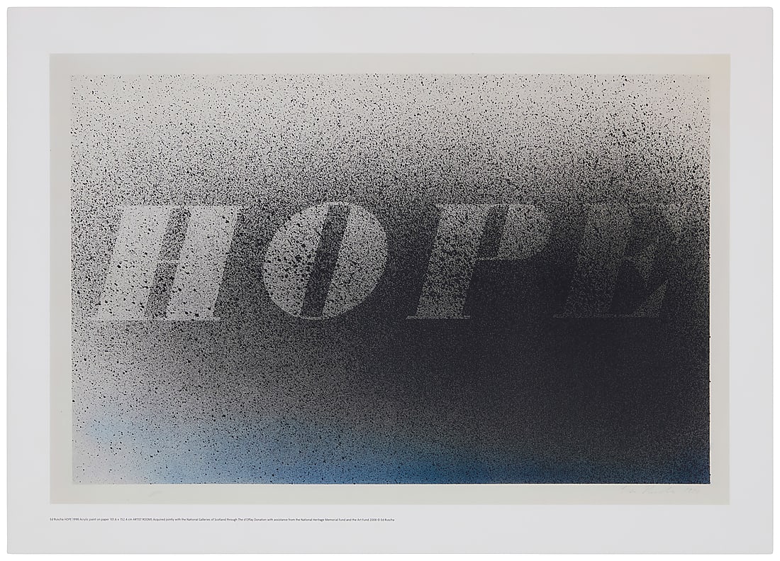 After Ed Ruscha (b. 1937), "Hope" poster: After Ed Ruscha (b. 1937) "Hope" poster Offset lithographic poster on paper From the edition of unknown size, circa 2008 Unsigned Image: 16 3/8 x 24 5/8 in.; Sheet: 19 7/8 x 27 3/4 in.