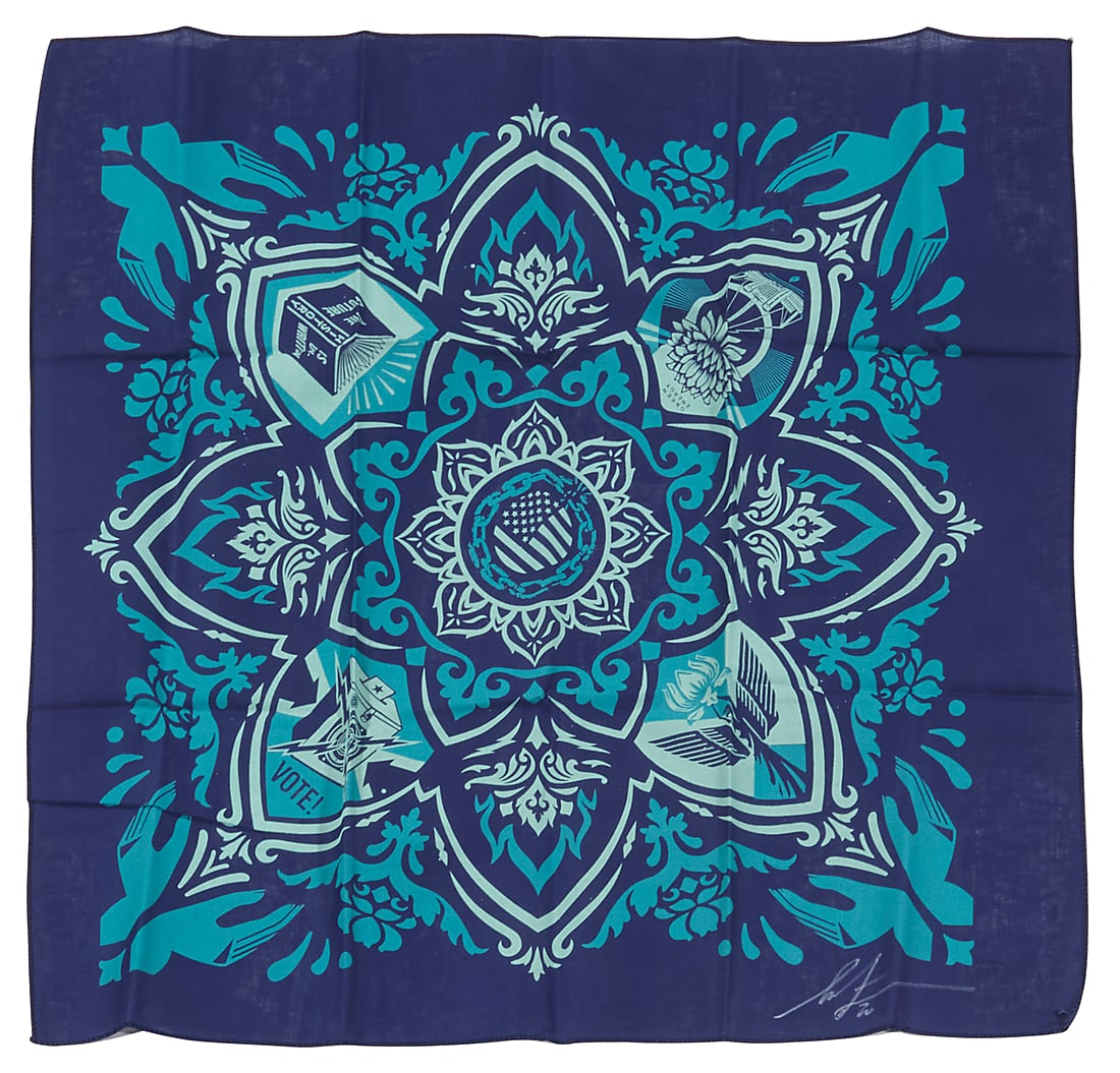 Shepard Fairey (b. 1970), "Our Hands - Our Future" from the "Artists Band Together" series 2025: Shepard Fairey (b. 1970) "Our Hands - Our Future" from the "Artists Band Together" series 2025 Bandana Signed and dated Housed in original black paper sleeve Bandana 21 1/2 x 21 1/2 in; envelope 9 x