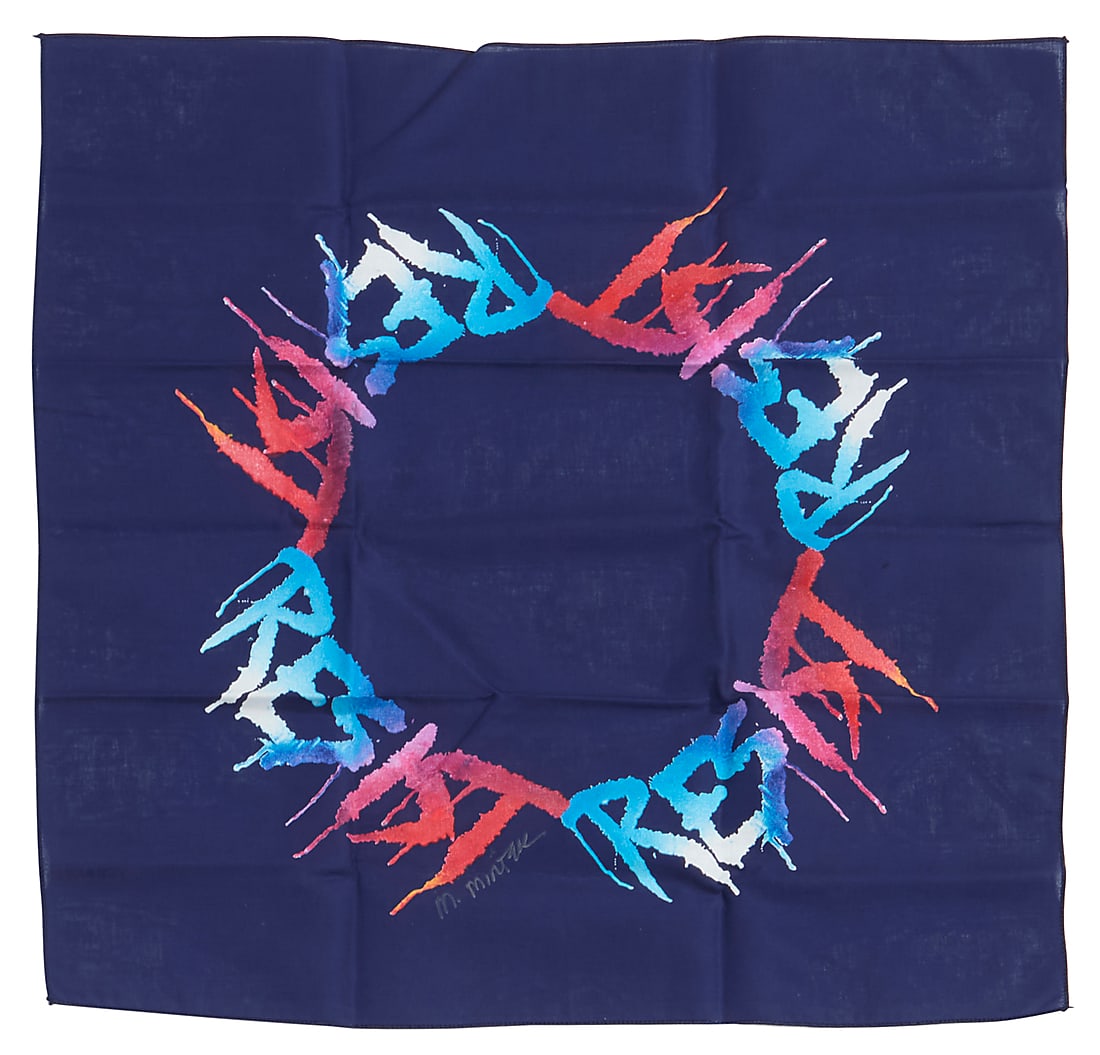 Marilyn Minter (b. 1948), "Resist" from the "Artists Band Together," series 2025: Marilyn Minter (b. 1948) "Resist" from the "Artists Band Together," series 2025 Bandana Signed: M. Minter Housed in original black paper sleeve Bandana 21 1/2 x 21 1/2 in; envelope 9 x 6 in.