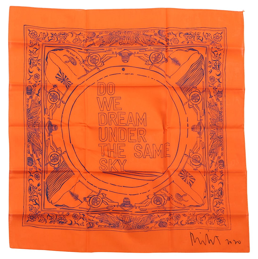 Rirkrit Tiravanija (b. 1961), "Untitled" from the "Artists Band Together," series 2025: Rirkrit Tiravanija (b. 1961) "Untitled" from the "Artists Band Together," series 2025 Bandana Signed and dated: 2020 Housed in original black paper sleeve Bandana 21 1/2 x 21 1/2 in; envelope 9 x 6