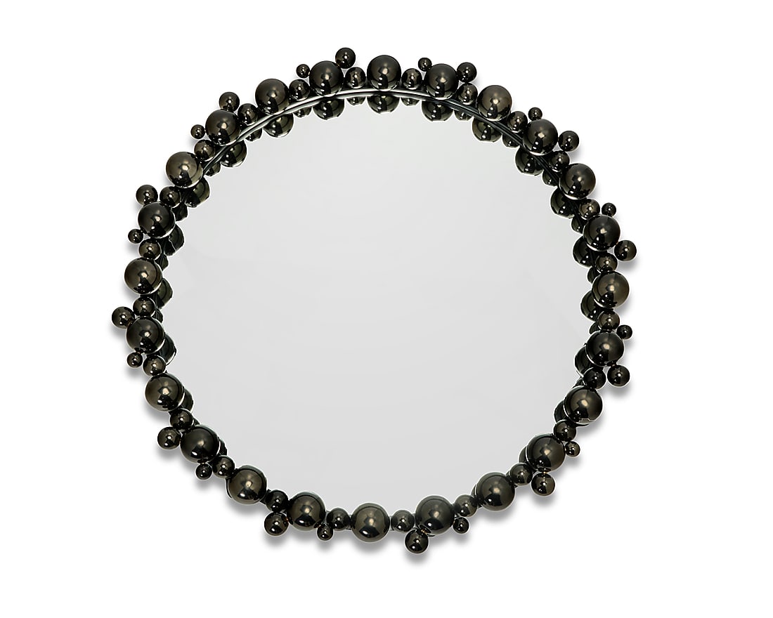 A Global Views black bubble circular mirror: A Global Views black bubble circular mirror Early 21st century With factory label applied verso Gunmetal plastic bubble frame Diameter 32 3/4 in., depth 4 in.