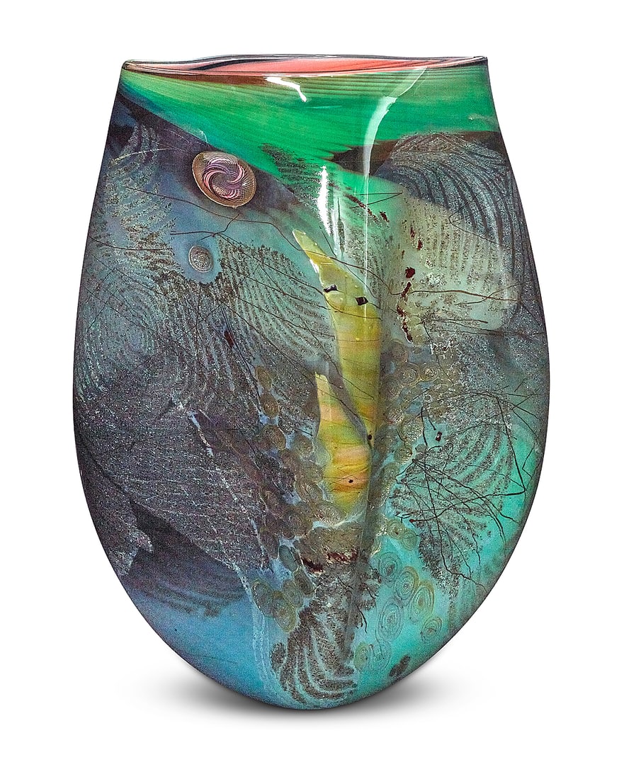 Chris Hawthorne (b. 1953), A glass vase, late 20th century: Chris Hawthorne (b. 1953) A glass vase, late 20th century Etched with signature and number: Hawthorne / PV710996 With cased, applied, and murrini elements Height 19 1/8 in., width 13 3/4 in., depth 8