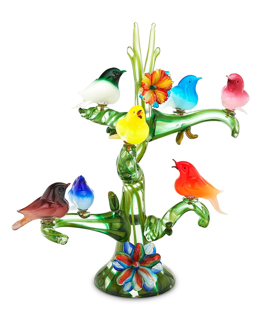 Enrico Camozzo (b. 1965), A Murano art glass bird figural group, 1999: Enrico Camozzo (b. 1965) A Murano art glass bird figural group, 1999 Etched signature to base: Camozzo E Overall height 25 1/2 in., width 23 1/2 in., depth 13 in.