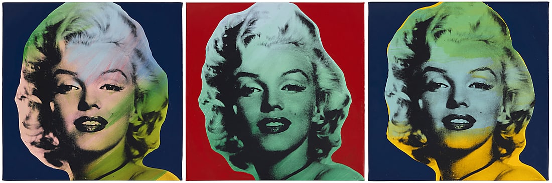 Steve Kaufman, (1960-2010): Steve Kaufman (1960-2010) Three Works: "Mini Marilyn 7 (Red)," from the "Marilyn Series," 1995 Screenprint in colors and mixed media on canvas Edition: 33/99 Initialed and numbered in ink: SAK and sta