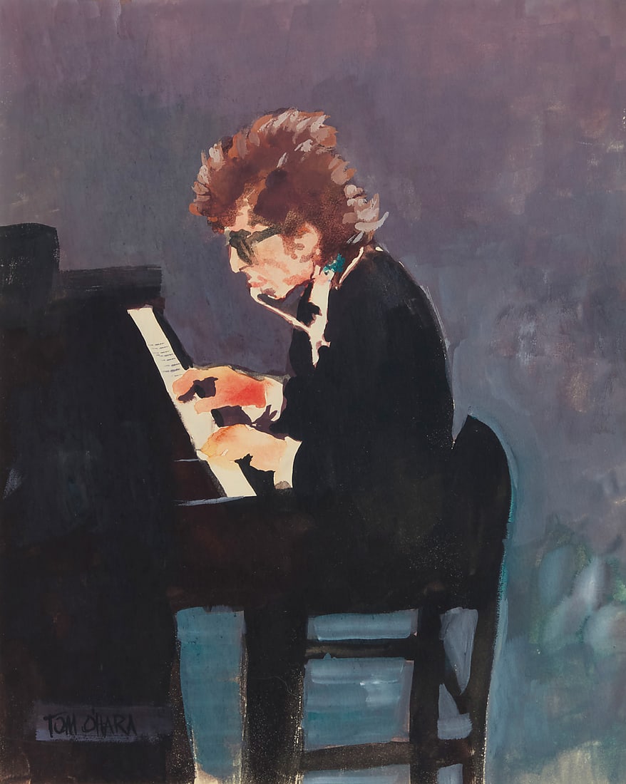 Tom O'Hara (20th/21st Century), Bob Dylan playing harmonica and piano: Tom O'Hara (20th/21st Century) Bob Dylan playing harmonica and piano Watercolor and ink on paper Signed lower left: Tom O'Hara Sight: 10 1/4 x 8 in. Provenance: The Saperstein Collection, Oakland, CA